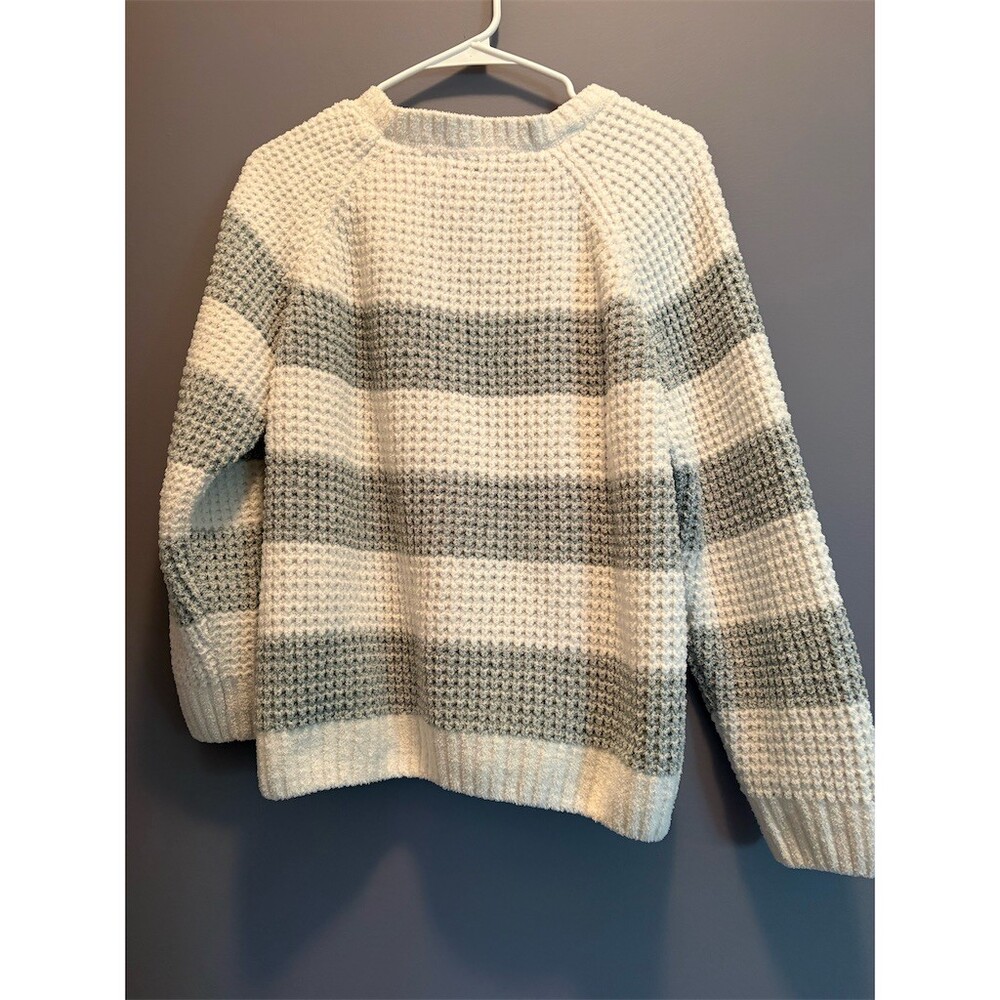 BearPaw Sweater Womens Size L Gray White Striped Waffle Knit Pullover - Picture 4 of 9